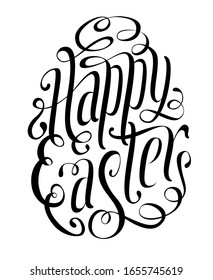 Happy Easter greeting card. Egg hand lettering vector illustration in black isolated over white.