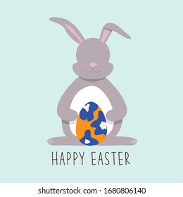 Happy Easter greeting card with egg , rabbit illustration. Easter Bunny. Pastel colored background. Vector Design.