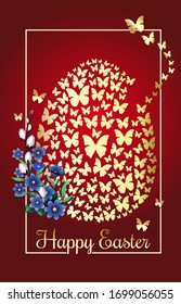 Happy Easter. Greeting card with an Easter egg consisting of golden butterflies on a red festive background. Vector illustration