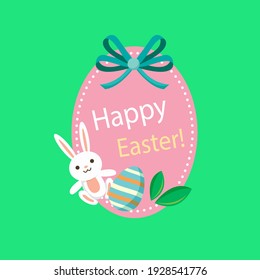 Happy Easter! Easter greeting card with egg and white bunny. Vector illustration 