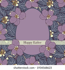 Happy Easter greeting card with an egg illustration on seamless purple background decorated with purple apple flowers. Elegant vector greeting card with yellow transparent ribbon. 