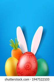 Happy Easter greeting card with egg, carrot and hares ears 