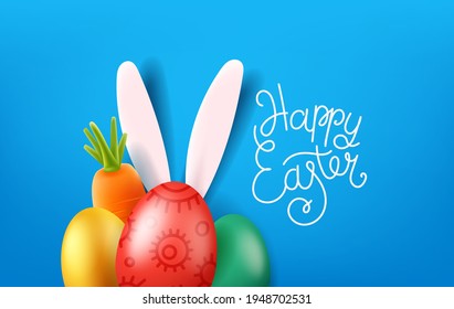 Happy Easter greeting card with egg, carrot and hares ears 