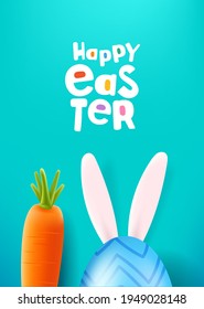 Happy Easter greeting card with egg, carrot and hares ears and logo