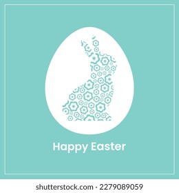 Happy Easter greeting card with egg, rabbit. Easter Bunny with a floral pattern. 