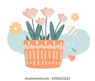 Happy Easter greeting card with egg and flowers in basket spring holiday celebration card horizontal