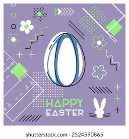 Feliz Pascua. Tarjeta de felicitación con huevo de Pascua como pelota de rugby. Abstractas diseño de Memphis. Ilustración vectorial.