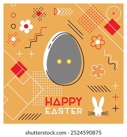 Happy Easter. Greeting card with Easter egg as a squash ball. Abstract Memphis design. Vector illustration.