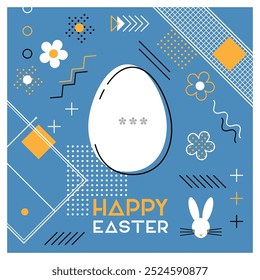 Happy Easter. Greeting card with Easter egg as a ping pong ball. Abstract Memphis design. Vector illustration.