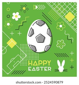 Happy Easter. Greeting card with Easter egg as a soccer ball. Abstract Memphis design. Vector illustration.