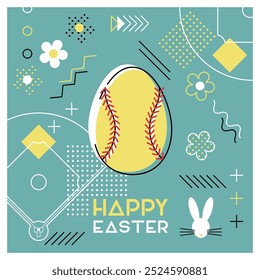 Happy Easter. Greeting card with Easter egg as a softball ball. Abstract Memphis design. Vector illustration.