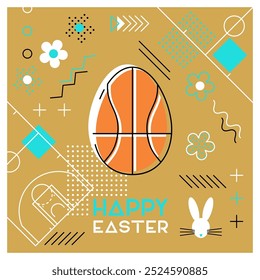 Feliz Pascua. Tarjeta de felicitación con huevo de Pascua como pelota de baloncesto. Abstractas diseño de Memphis. Ilustración vectorial.