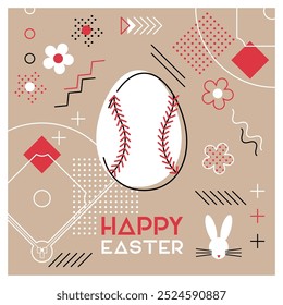 Happy Easter. Greeting card with Easter egg as a baseball ball. Abstract Memphis design. Vector illustration.