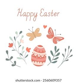 Happy Easter greeting card with an easter egg, butterflies and flowers. Vector illustration and lettering in hand drawn flat style, pastel colors.