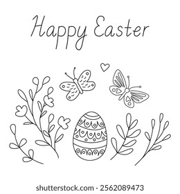 Happy Easter greeting card with a an easter egg, flowers and butterflies. Vector illustration and lettering in doodle hand drawn style, black outline. Great for coloring.