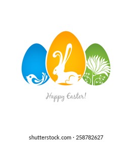 Happy Easter greeting card - egg with bunny, bird and flower. Vector template
