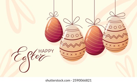Happy Easter Greeting Card. Easter Egg decorated with ornament pattern, against same on the background and Hand Lettering Easter word. Horizontal Banner, Cover, or Website Header.