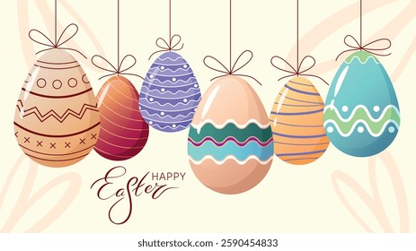 Happy Easter Greeting Card. Easter Egg decorated with ornament pattern, against same on the background and Hand Lettering Easter word. Horizontal Banner, Cover, or Website Header.