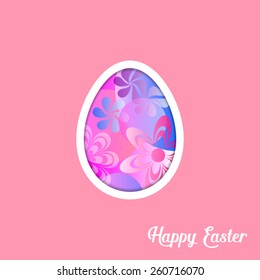 Happy Easter greeting card with egg pink background 