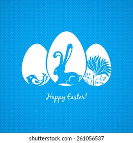 Happy Easter greeting card - egg with bunny, bird and flower. Vector template

