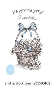 Happy Easter greeting card. Egg and flower basket. Easter eggs. Vector illustration