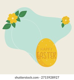 Feliz cartão de saudação de Páscoa com ovo e flores, Ilustração de vetor plana. Imagem com espaço para o texto. Para correspondências online, e-mail, banners de web de publicidade.