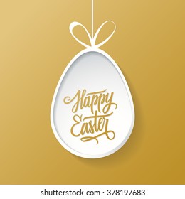 Happy Easter greeting card with easter egg and handwritten wishes. Gold color. Vector illustration.
