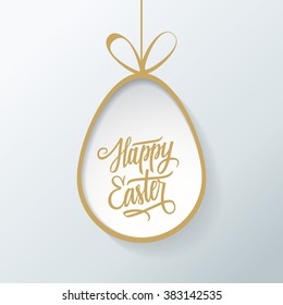 Happy Easter greeting card with egg and handwritten wishes. Vector illustration.