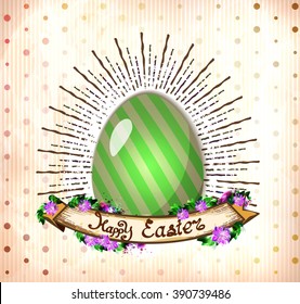 Happy Easter greeting card with Easter egg and fresh spring flowers