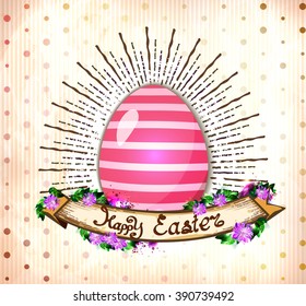 Happy Easter greeting card with Easter egg and fresh spring flowers
