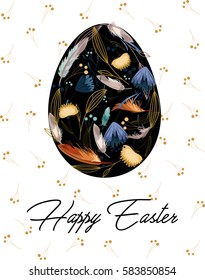 Happy Easter. Greeting card. Egg silhouette of vintage flowers and feathers inside on herbal background. Boho background. Hand drawn vector illustration