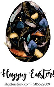 Happy Easter. Greeting card with egg silhouette of vintage flowers and feathers inside. Boho background. Hand drawn vector illustration