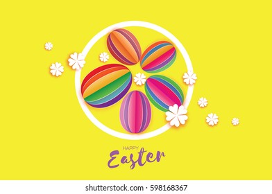 Happy Easter Greeting card. Egg in paper cut, origami and 3d style. Colorful Egg ellipse. Circle frame. Yellow background. Vector illustration.