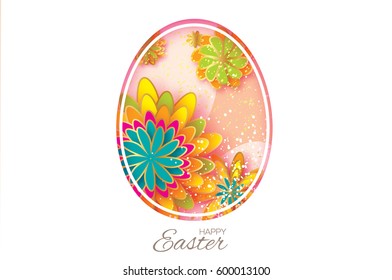 Happy Easter Greeting card. Egg and flower in paper cut, origami and 3d style. Colorful Egg floral ellipse concept. Oval frame. Vector illustration.