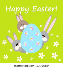 Happy Easter Greeting card with egg and rabbits vector illustration.