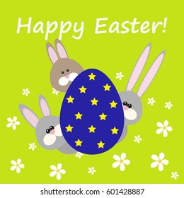 Happy Easter Greeting card with egg and rabbits vector illustration.