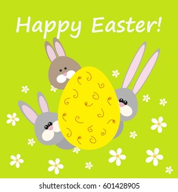 Happy Easter Greeting card with egg and rabbits vector illustration.