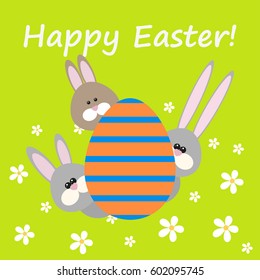 Happy Easter Greeting card with egg and rabbits vector illustration.