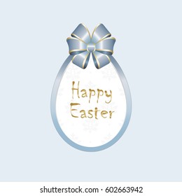 Happy Easter greeting card.  Egg banner from blue ribbon and bow.