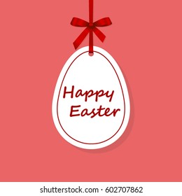 Happy Easter greeting card.  Egg banner from red ribbon and bow.