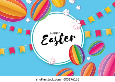 Happy Easter Greeting card. Egg in paper cut, origami and 3d style. Flags. Flowers. Colorful Egg ellipse. Circle frame. Blue background. Vector illustration.