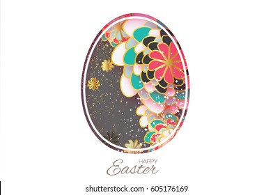 Happy Easter Greeting card. Egg and flower in paper cut, origami and 3d style. Grey Egg floral ellipse concept. Oval frame. Vector illustration.