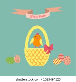 Happy Easter greeting card with eggs, basket and chicken. Vector Illustration