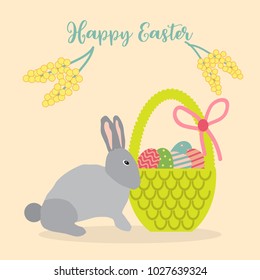 Happy Easter greeting card with eggs, basket and rabbit. Vector Illustration