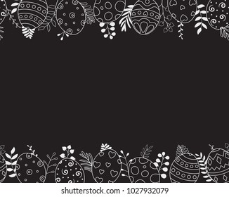 Happy Easter greeting card. Easter eggs composition hand drawn black on background