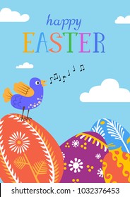 Happy Easter greeting card with eggs and bird. Vector background.