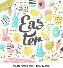 Happy Easter Greeting Card with Eggs, Bunny and Flowers. Spring Childish Design for Holiday Decoration. Vector illustration