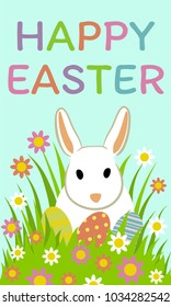 Happy Easter greeting card with easter eggs, bunny and green grass