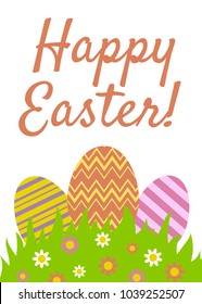 Happy Easter greeting card with easter eggs in green grass isolated on white