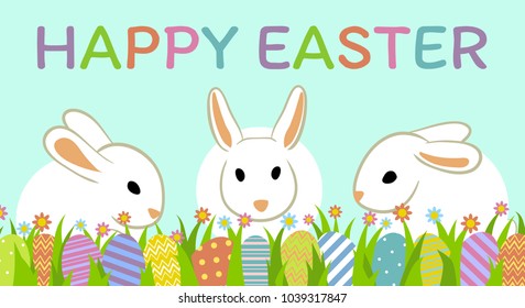 Happy Easter greeting card with easter eggs, bunny and green grass